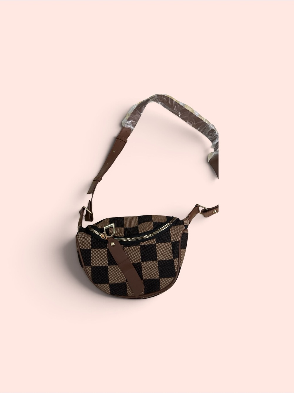 Checker Pattern Brown Crossbody Saddle Bag with Adjustable Strap